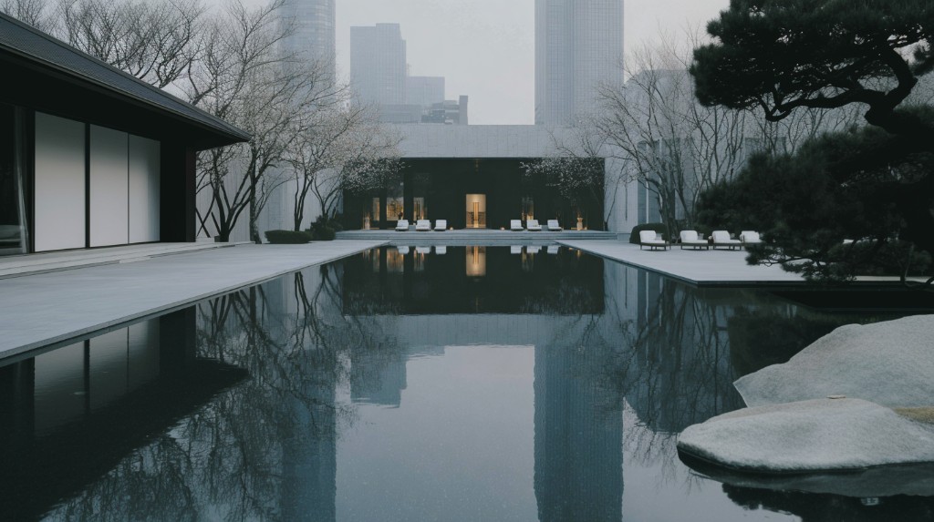Reflective infinity pool at dusk, minimal architecture surrounded by bare trees and a quiet city skyline