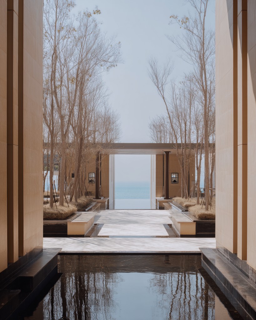Quiet stone courtyard with bare trees and a still reflecting pool, a doorway opening to the sea