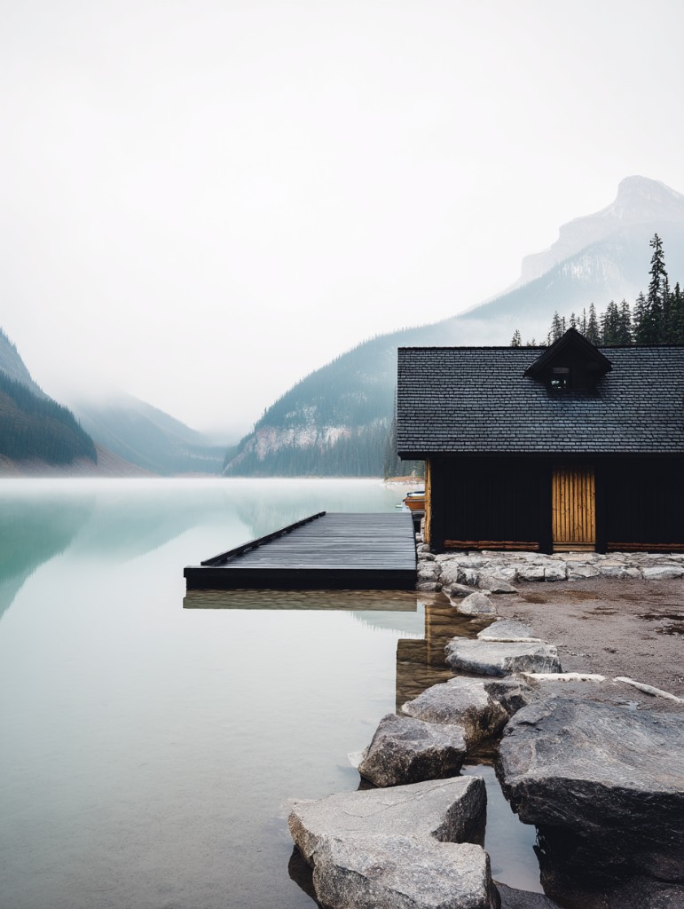 Misty alpine lake with a dark timber boathouse against pine-covered slopes