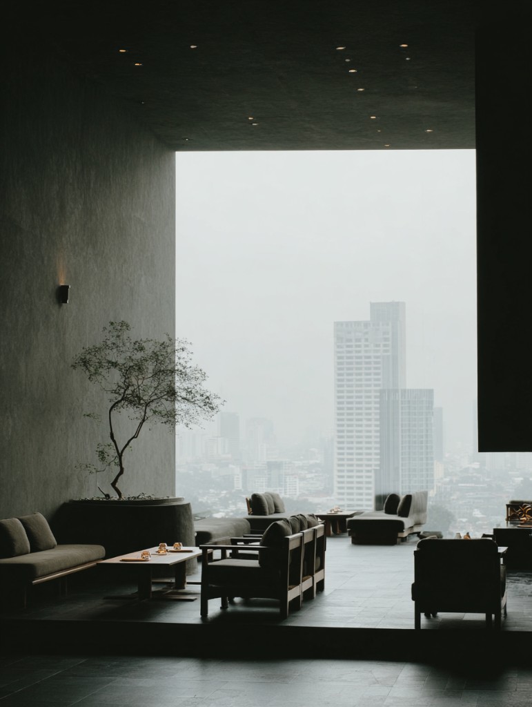 A dark-toned lounge of low sofas and lantern light, opening onto a hushed city skyline