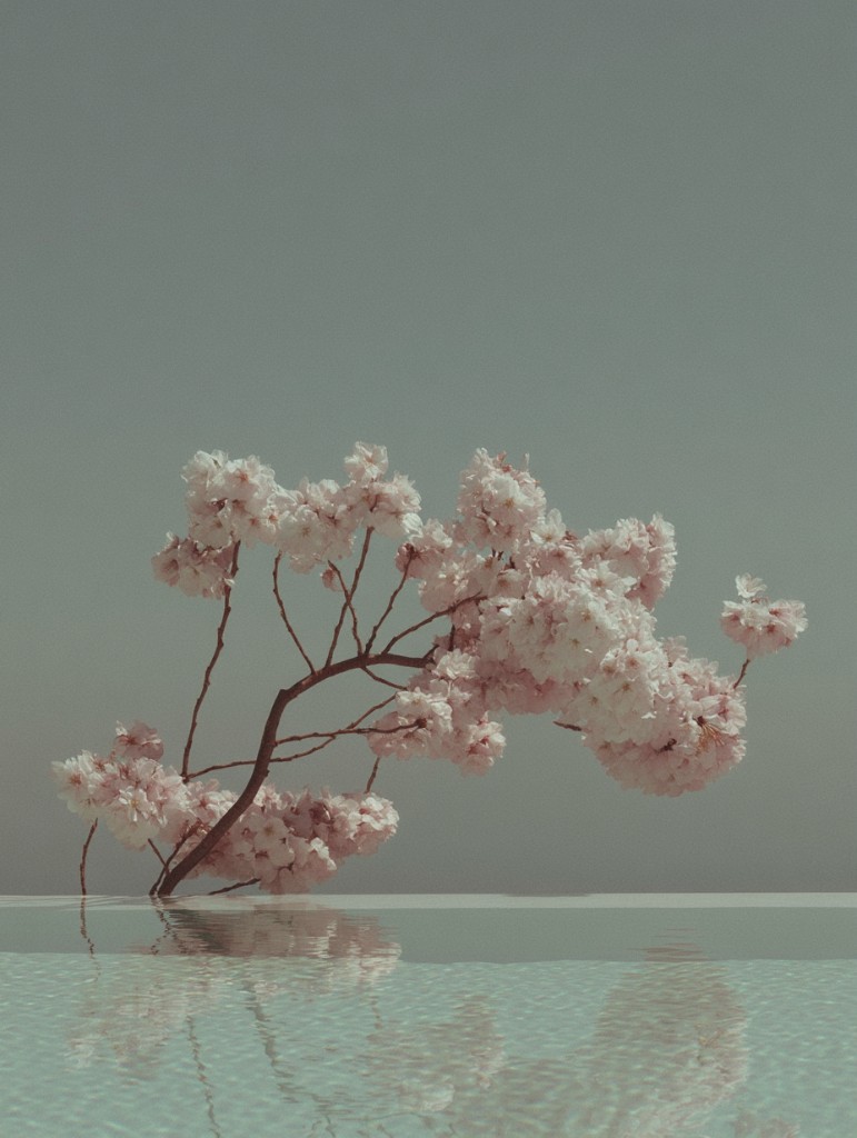 A single cherry blossom branch in bloom held above still water
